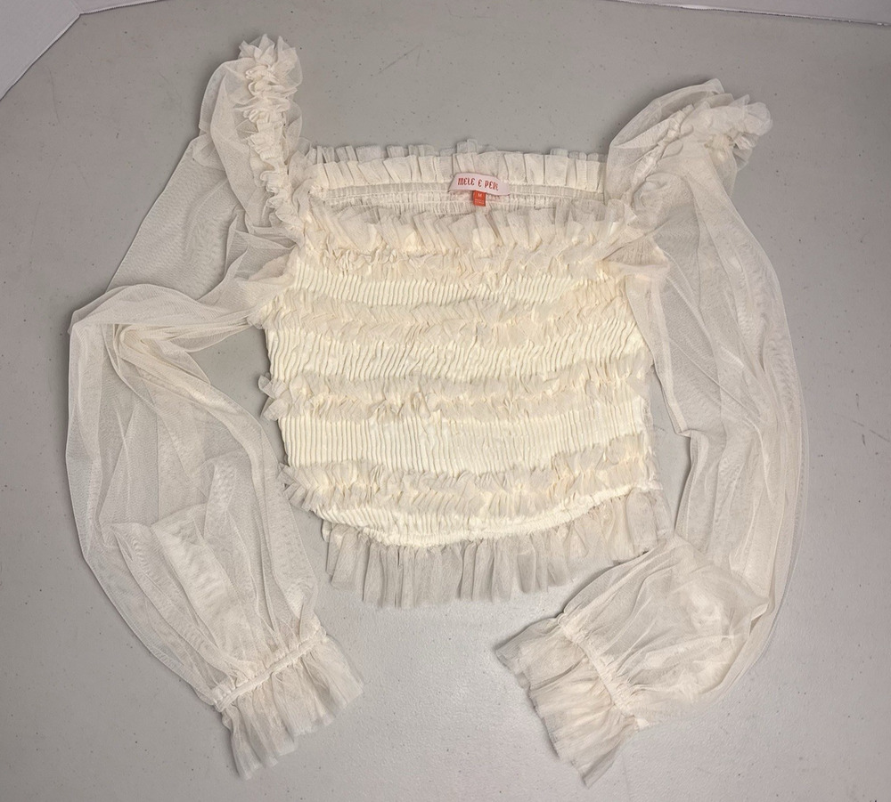 Mele E Pere Ivory Cream Sheer Ruffle Crop Top Ruched Long Sleeve Womens Medium